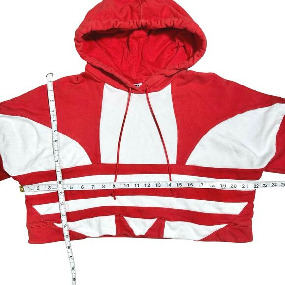 adidas | Women | Red White Big Trefoil Cropped Sporty Hooded Sweatshirt | Small - Picture 5 of 15